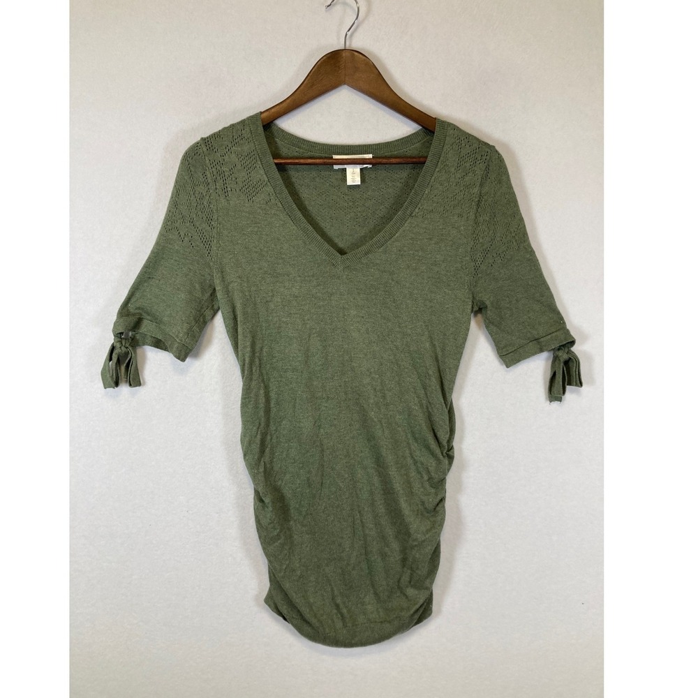 Motherhood Maternity Women Small Olive Green Ruched Pointelle‎ Tie Sleeve Top